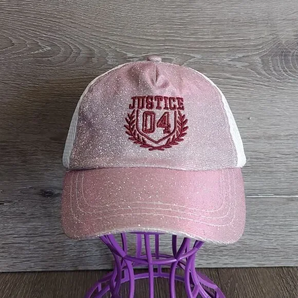 Justice Pink Shimmering Sparkly Iridescent Pony Tail Ball Cap Hat OSFM