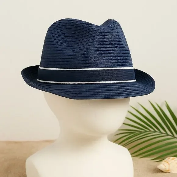 H&M Kids Navy Blue Fedora Hat with White Trim – Size 8–12Y (53–55 cm)