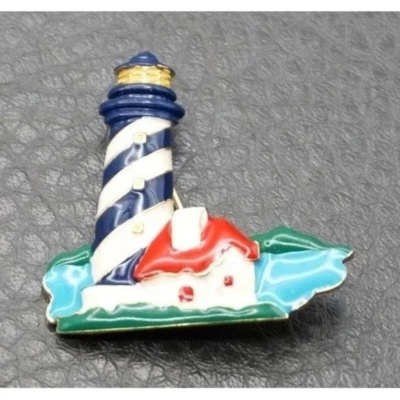 Vintage Enamel Lighthouse Pin Brooch Gold Tone Red White Blue