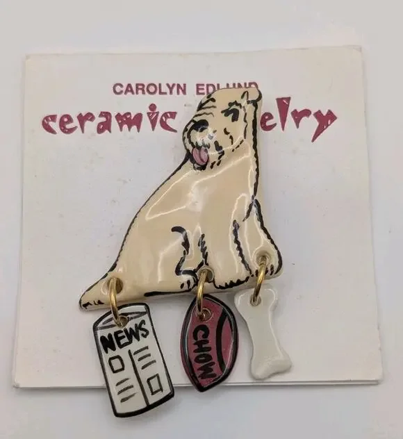 Carolyn Edlund Signed Ceramic Terrier Dog Brooch Handmade USA With Dangling...