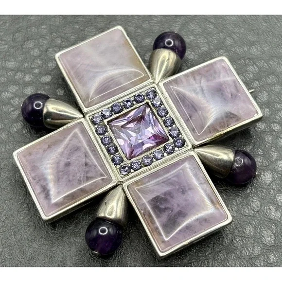 Vintage Maltese Cross Silver Tone Amethyst Purple Stone Rhinestone Brooch Pin