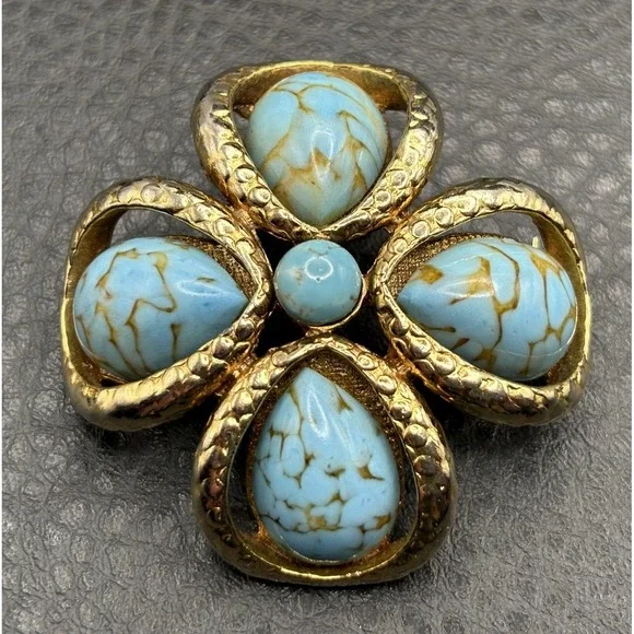 Vintage Art Glass Marbled Faux Turquoise Cabochon Cross Gold Tone Brooch Pin