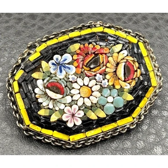 Vintage Micro Mosaic Italian Italy Floral Brooch Yellow Red Black Pin READ
