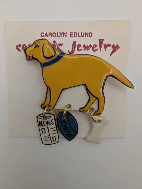Vintage Signed Carolyn Edlund Ceramic Golden Retriever / Yellow Lab Pin New