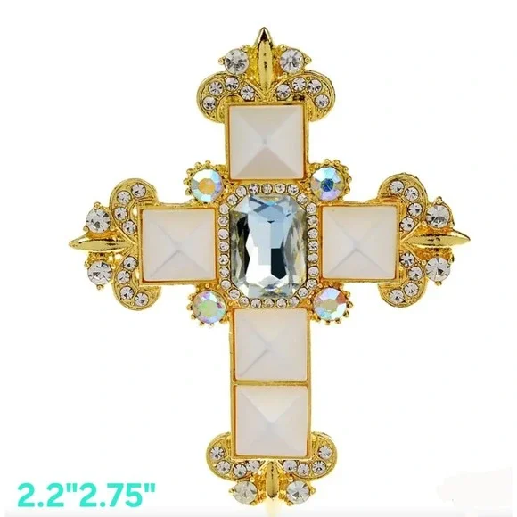 Gold Cross Brooch Pin‎ White Rhinestone Religious Lapel Pin Womens Jewelry