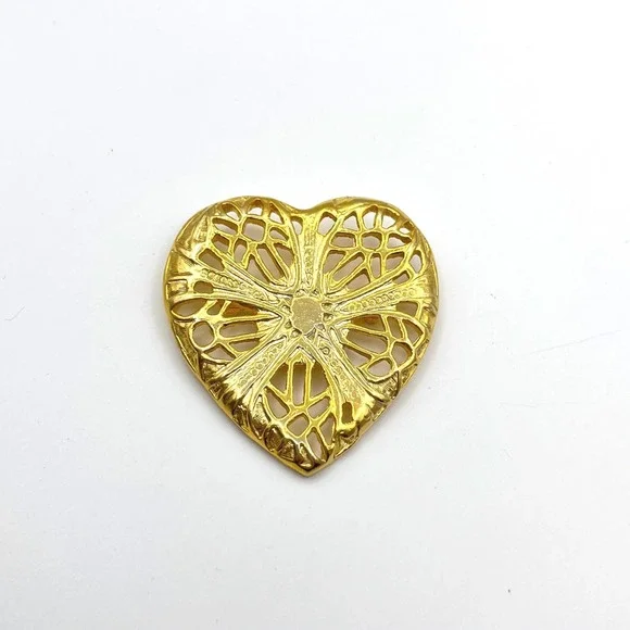 Gold Tone Openwork Filigree Heart Brooch Pin Ornate Sunburst Design 1.75‎ Inch