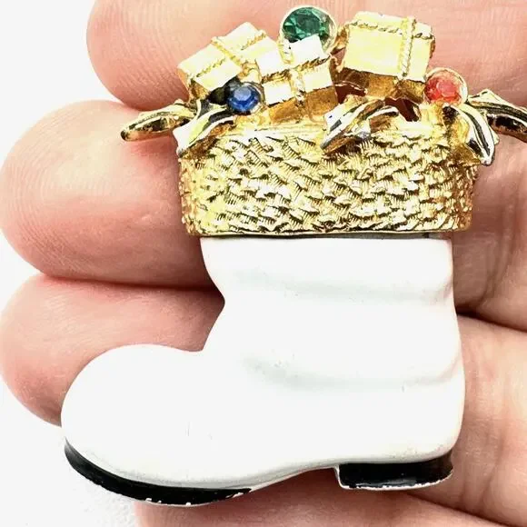 Vintage Arthur Pepper Christmas Brooch ART White Enamel Rhinestone Boot Stocking