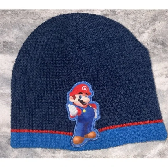 Super Mario Winter Cap Hat Beanie Nintendo Blue Red/2011 Knit One Size YouthB218