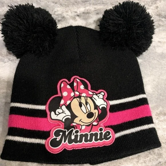 Disney Minnie Mouse Knit Beanie Hat  Pink Black Pom Pom Girls