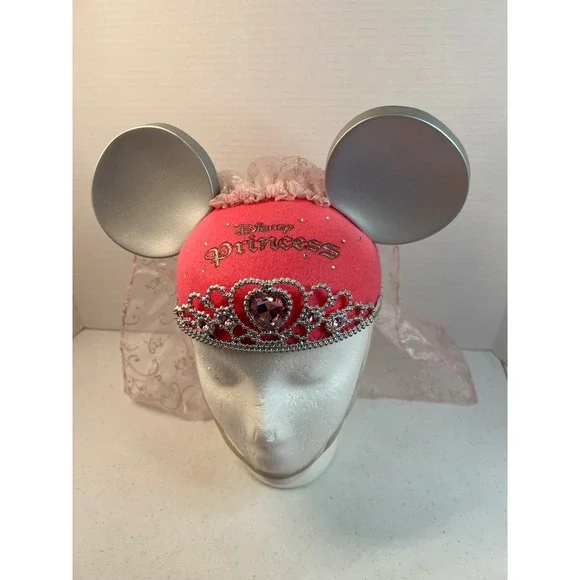 Disney Princess Mickey Mouse Ear Hat Pink Tiara Rhinestone Veil Youth One Size