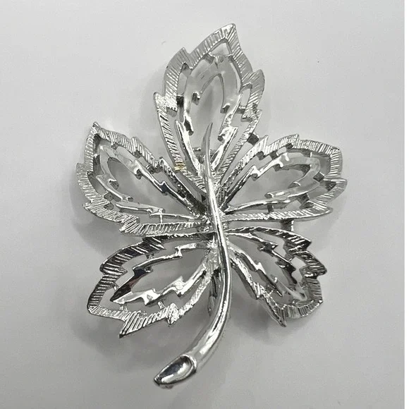 Vintage Leaf Brooch Open‎ Metal Work Brushed Silver Tone Pin
