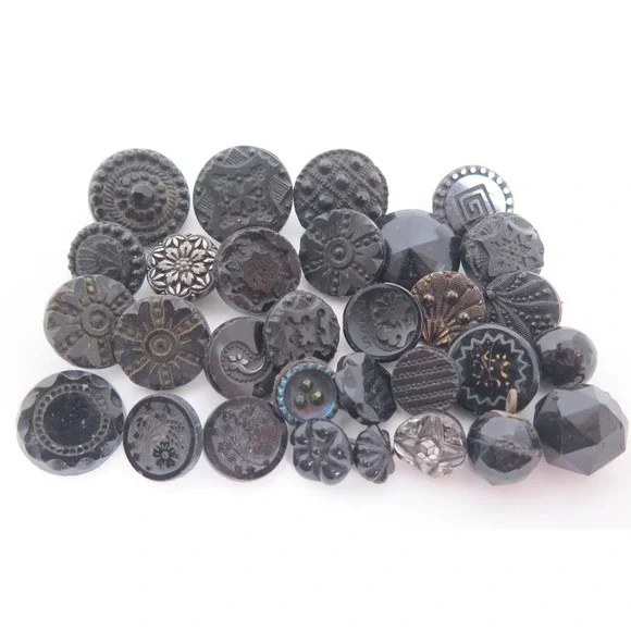 Antique Stunning Carved Molded Black Glass Buttons Lot*Flowers*Highly Detailed‎