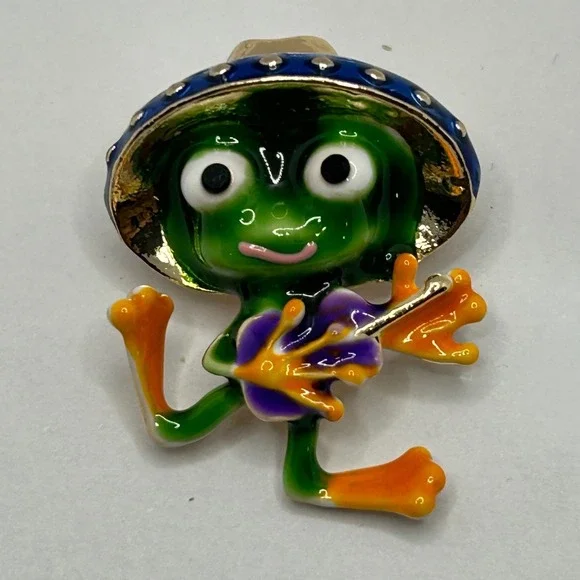 Mariachi Frog Guitar Brooch Enamel Sombrero Animal Gold Tone Novelty Pin Figural