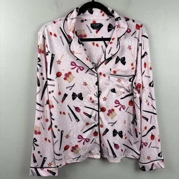 Kate Spade S Pajama Top Pink Long Sleeve Button Lipstick Bow Makeup (no Pants)