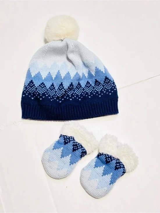 New w/o tag Janie and Jack Baby Blue Fair Isle Knit Pom Beanie Mittens Set 0-6m