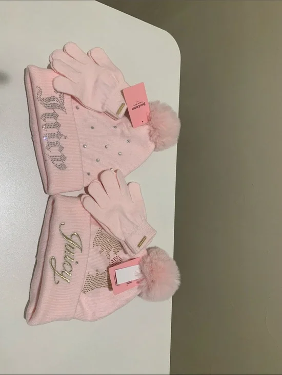 Juicy Couture Pink Pom-Pom Beanie & Glove Set with Rhinestone Logo