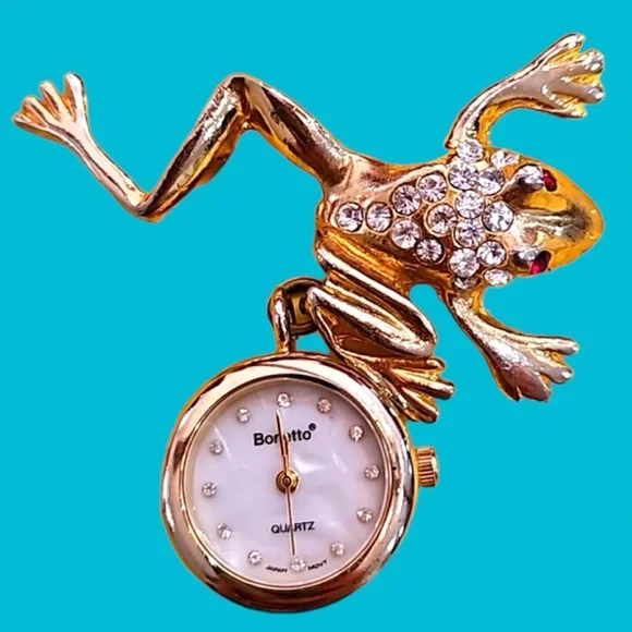 BONETTO CRYSTAL FROG WATCH BROOCH Vintage Japan‎ Movement