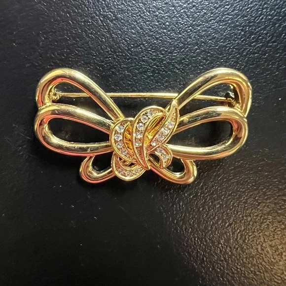 Gold‎ Tone Bow Brooch Rhinestone Accents Elegant Vintage Inspired Ribbon Pin
