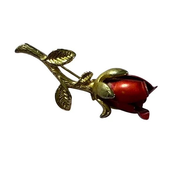 Rose Brooch Pin Red Flower‎ Gold Tone Floral Lapel Vintage Style Jewelry