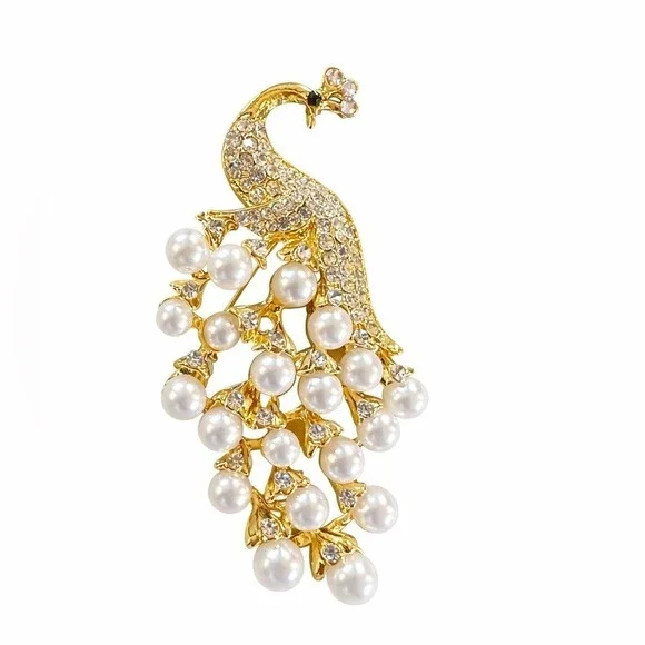 Gold Tone Peacock‎ Brooch Pin w/ Faux Pearls & Rhinestones Statement Pin NEW