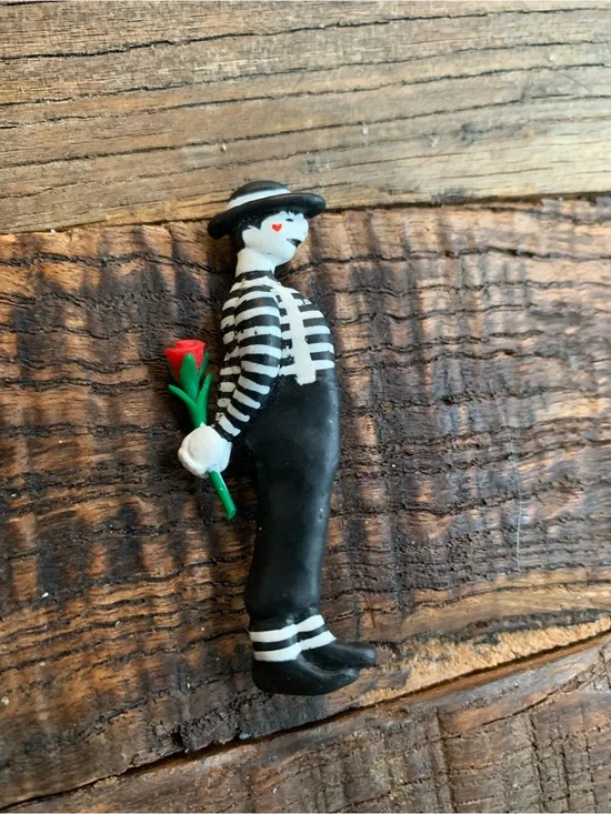 Mime Figurine Pin with Red Rose - Black & White