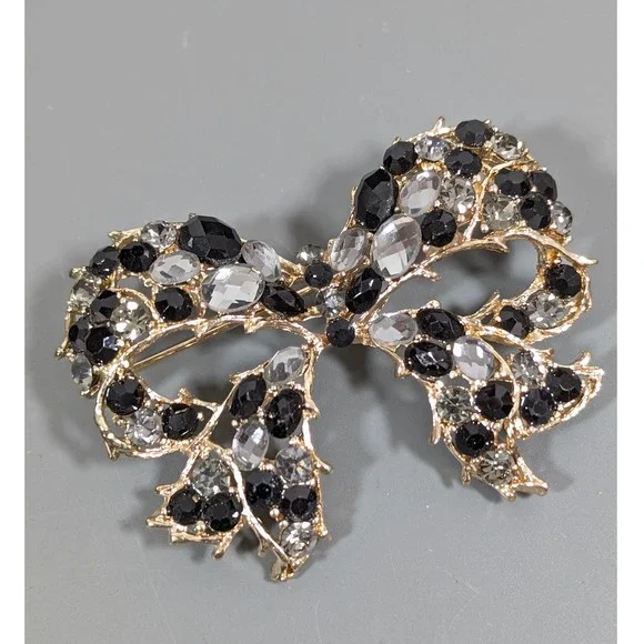 Large Gold Tone‎ Black Gray Rhinestone Bow Brooch Statement Ribbon Pin