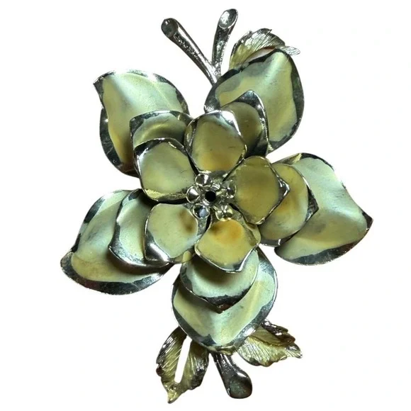 Vintage Coro Yellow Enamel Flower Brooch Gold Tone Layered Petal Floral‎ Pin
