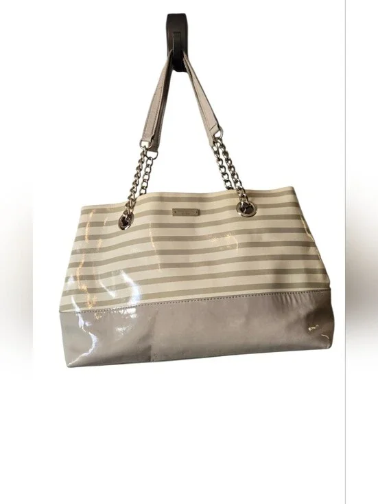 ​Kate Spade Striped Patent Leather Tote Chain Shoulder Bag Cream Beige