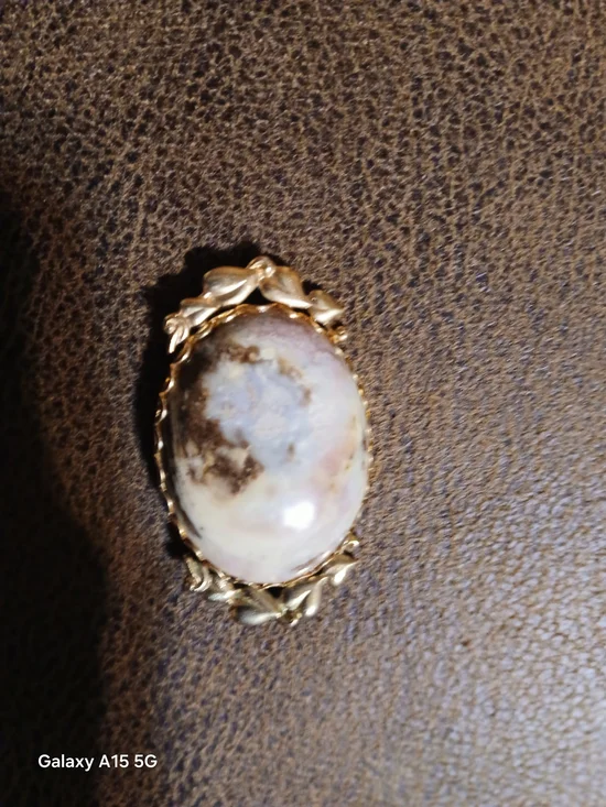 Gold-Tone Floral Frame Oval Cream and Brown Stone Brooch