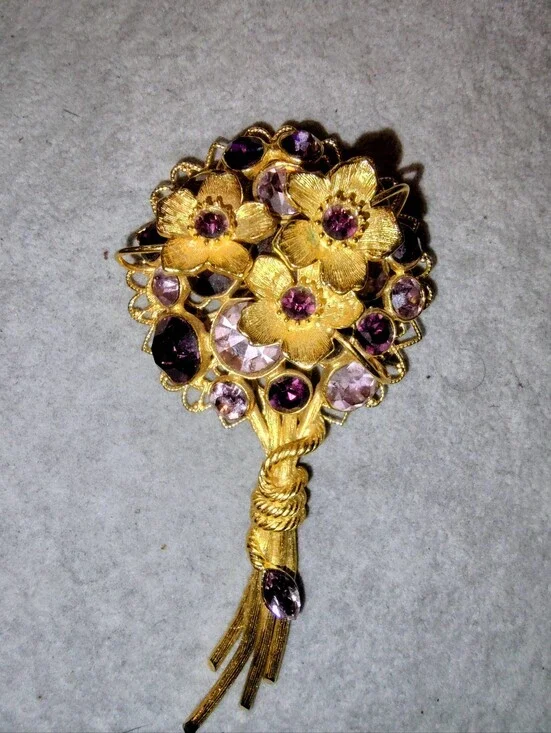 1990s R. J. Graziano Gold-Tone Floral Bouquet Brooch with Purple Crystals  4