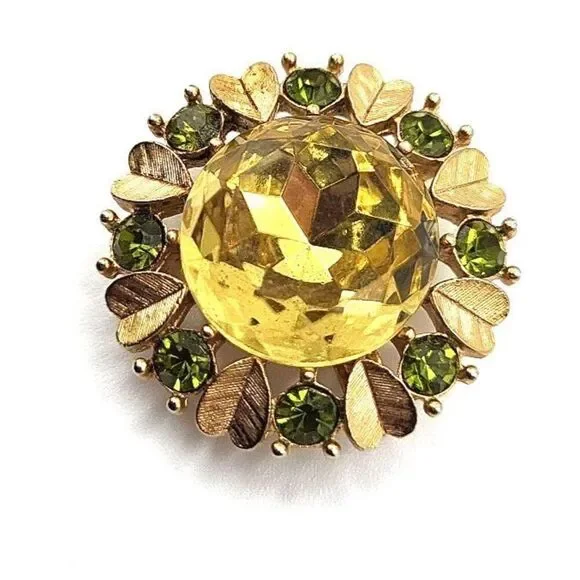 Avon Sun Brilliants Citrine Heart Green Gold Tone Round Brooch Pin Pendan 1in