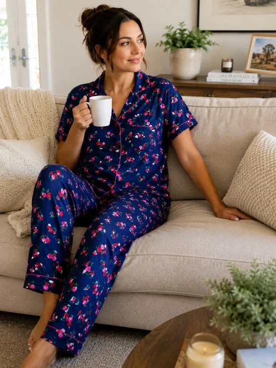 NWT. Kate Spade Women's Navy Cherry Pajama Set, Size M