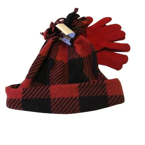 Basic Edition Girls Winter Fleece Hat & Mitten‎ 2 Pc Set Red Black Unisex Plaid