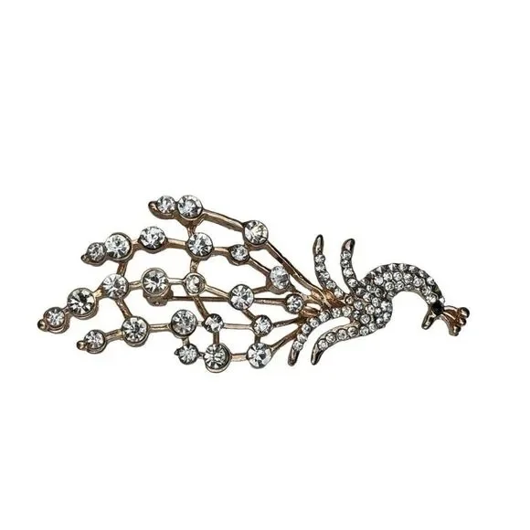 Vintage Rhinestone Peacock Brooch Gold Tone Dangle Tail
