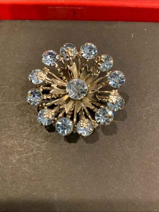 Silver-Tone Vintage Tiered Blue Crystal Floral Burst Brooch