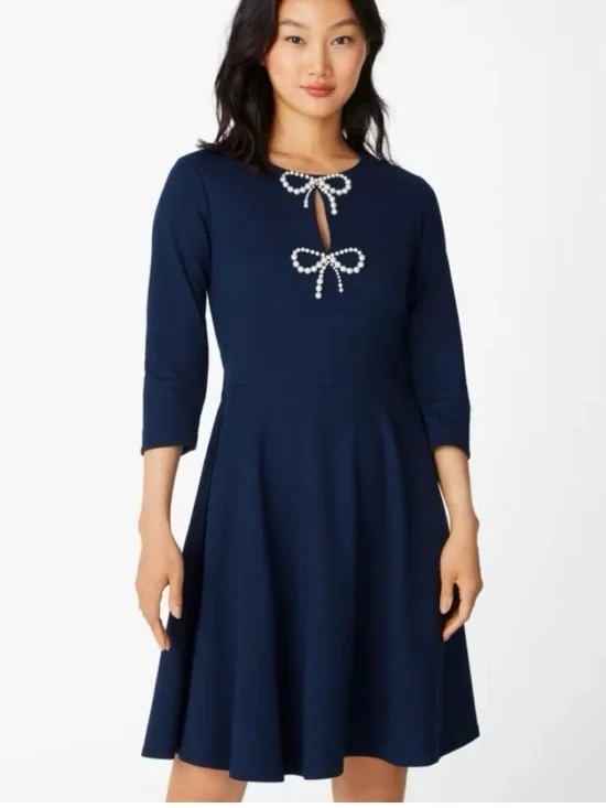 Kate Spade A-line Dress Pearl Bows Women’s XL Navy Blue Stretch Pockets Dressy