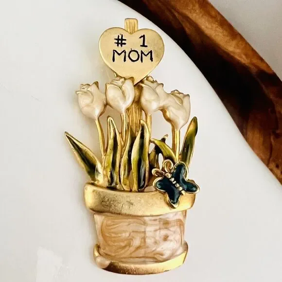 Vintage Nr. #1 MOM Enamel Gold Brooch Tulips Butterfly Planter Enamel Gift 4121