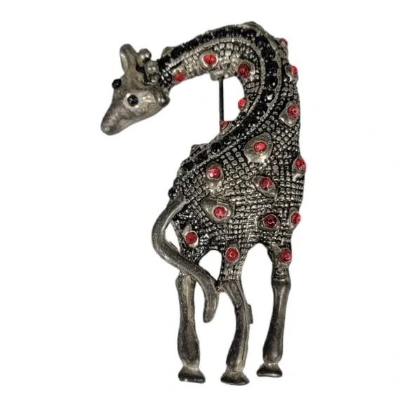 Vintage Giraffe Brooch Pin Figural Silver-Tone Stretch Twist 3D Red Enamel Spots