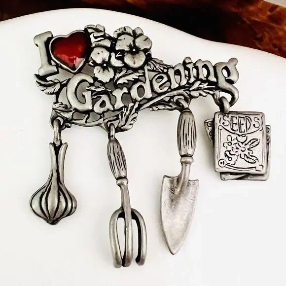 Vintage Danecraft I Love Gardening Pewter Pin Brooch Red Enameled Heart 1198