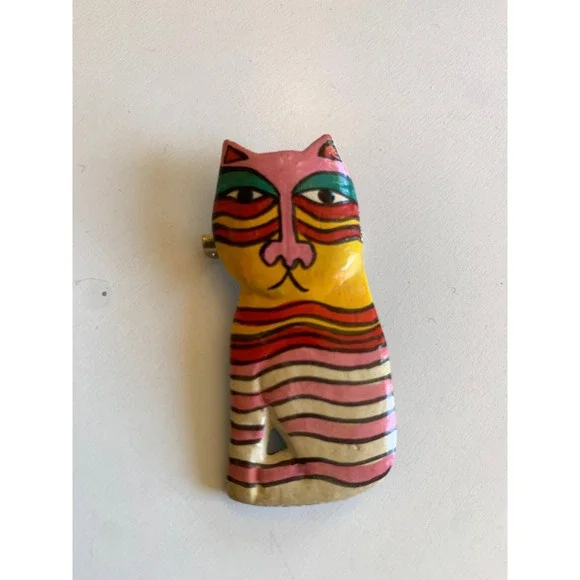 Vintage Hand Painted Wood Cat Brooch Pin Striped Folk Art Multicolored Whimsical