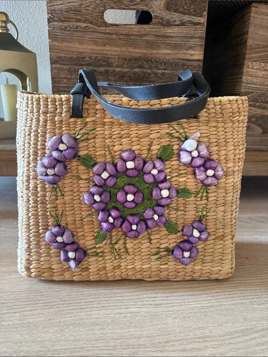 kate spade Natural Straw Tote with Purple Floral Embroidery and Black Handles