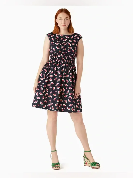 KATE SPADE Navy A-line Watermelon Print Party Blaire Dress SZ S Smocked Pockets