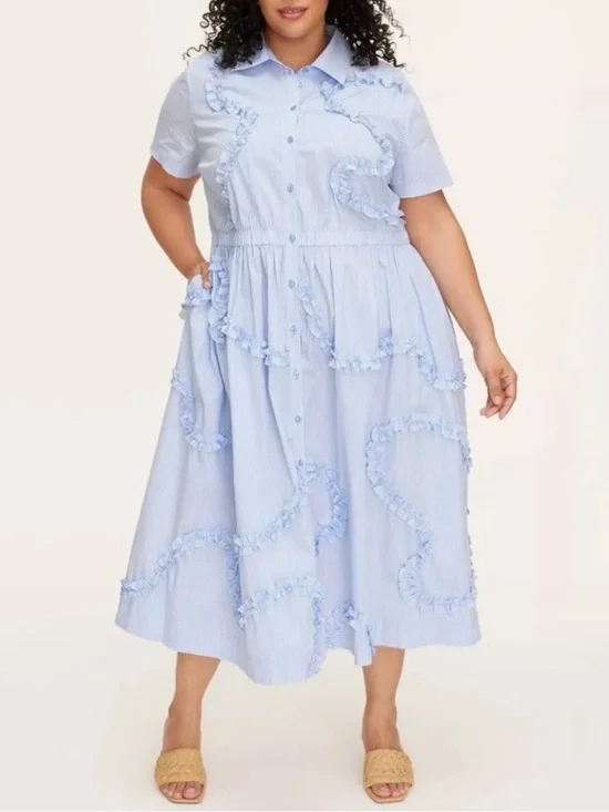 Kate Spade Plus Blue Pinstripes Ribbon Short Sleeve MIDI Dress (SKU751)