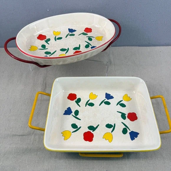 Vintage Tulip Pattern Baker‎ Set w/ Red & Yellow Wire Carriers MCM Pottery