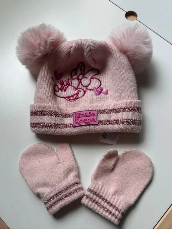Disney Minnie Mouse Pink Winter Pom Pom Hat and Mittens 6-12m