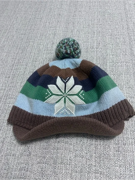 Hanna Andersson Brown Green Light Blue Striped Pom Beanie with Snowflake. Size S