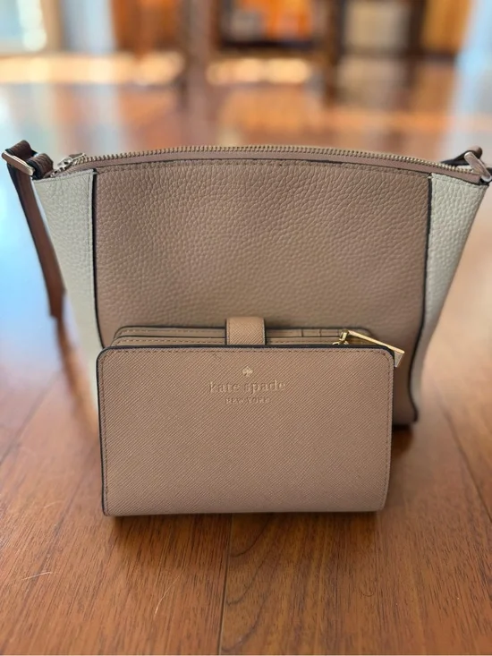 kate spade Taupe and Cream Pebbled Leather Crossbody with Matching Wallet