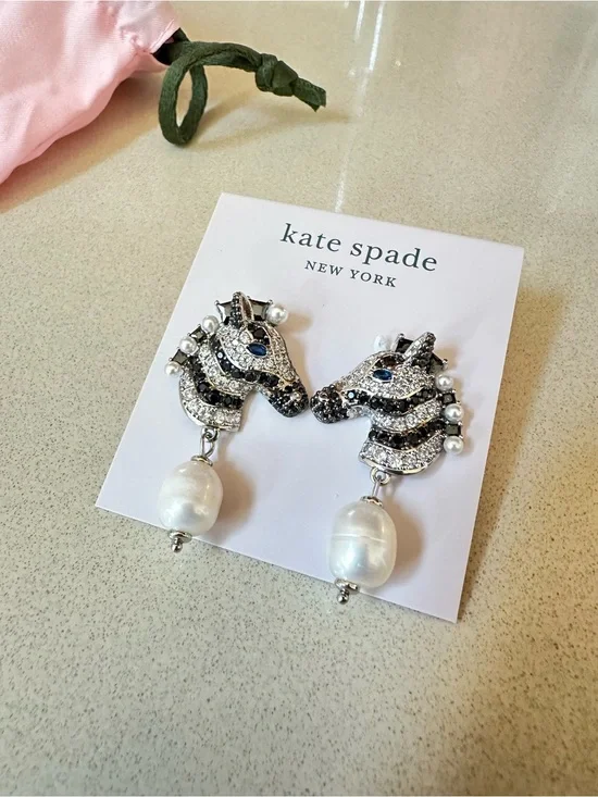 kate spade Silver Zebra Head Earrings with White Pearl Drops