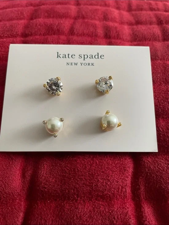 kate spade Gold Tone Pearl and Crystal Stud Earring Set NWT