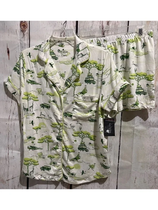 Kate Spade New York Women's Green/White Safari Print 2-Piece Pajama Set Size S